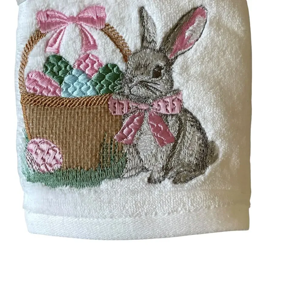 NEW Kassafina 2 Pk Plush Hand Towels Embroidered Spring Easter Bunny Eggs Basket